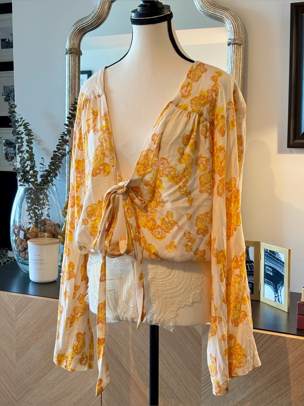 FREE PEOPLE Women's Floral Tie-Front Body Suit Blouse - Yellow/Cream Medium - Picture 5 of 17